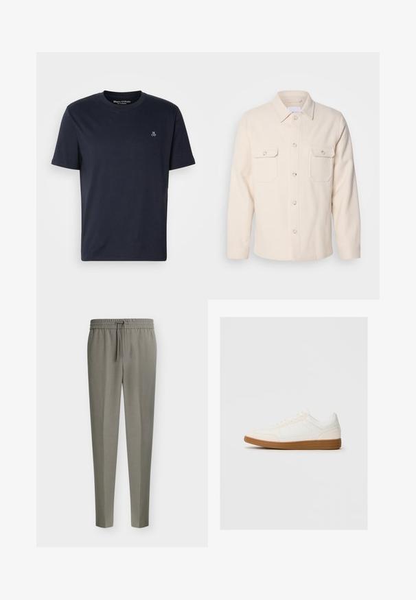 Lysebeige button-up skjorte fremstillet af struktureret stof; har to brystlommer, en spids krave og lange ærmer med knapsluttede manchetter.; Mørkeblå bomulds t-shirt med korte ærmer, rund halsudskæring og lille broderet logo på brystet. Glat tekstur, afslappet design.; Herrers lysegrå skræddersyede bukser med tilspidsede ben og en elastisk talje med snørre foran.; Hvide sneakers med en ruskind tåspids, glat syntetisk overdel og tan gummisål. Har perforeringer på siderne for åndbarhed.