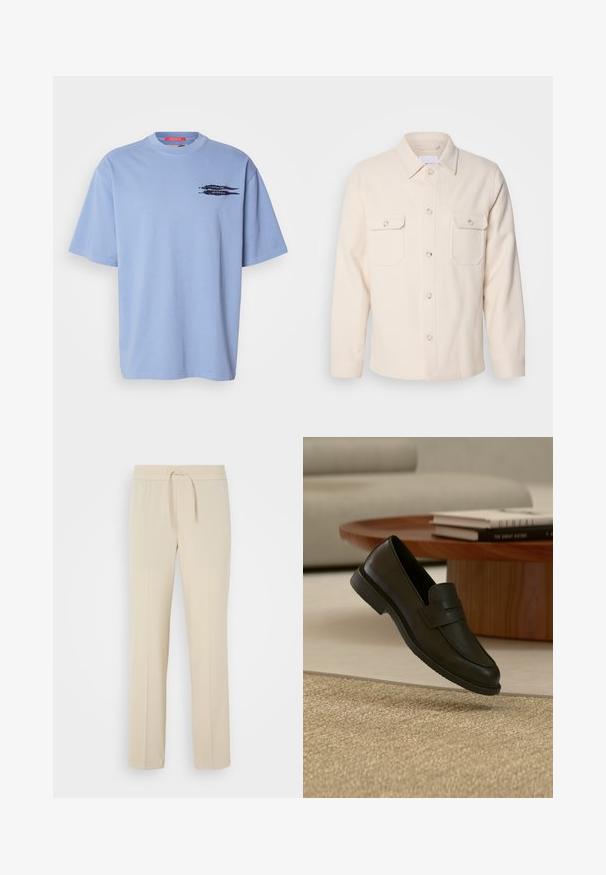 Lysebeige button-up skjorte fremstillet af struktureret stof; har to brystlommer, en spids krave og lange ærmer med knapsluttede manchetter.; Lyseblå t-shirt med korte ærmer lavet af bomuld. Har en rund halsudskæring og et sort grafisk motiv af pile på den venstre brystområde.; Beige, elastisk taljebukser med snoretræk. Har lige ben og en glat tekstur, velegnet til afslappet brug eller afslapning.; Sort læderloafer vist i luften over en beige vævet tæppe, med et træbord og stablede bøger i et blødt oplyst stue.