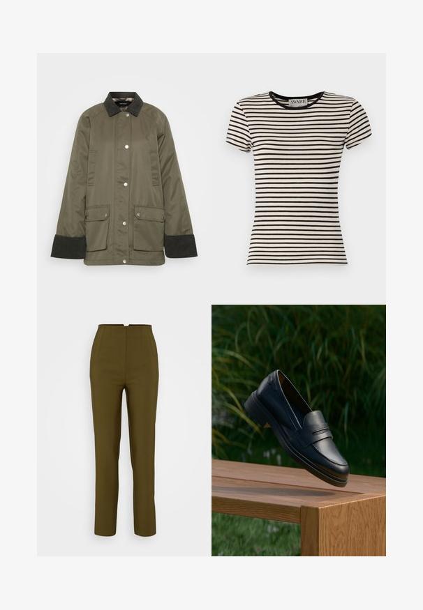 Veste vert olive avec un col en velours côtelé, fermeture à boutons-pression et deux poches avant. Présente une coupe décontractée et des poignets côtelés.; T-shirt à rayures noires et crème à manches courtes avec un col rond, en tissu doux. Coupe droite avec une finition soignée. Marque AWARE visible.; Pantalons ajustés vert olive avec taille haute, dotés de plis sur le devant et d'une coupe droite, fabriqués à partir d'un tissu lisse.; Mocassins en cuir noir à texture lisse, présentant un design cousu et un petit talon, exposés sur une surface en bois avec de la verdure en arrière-plan.