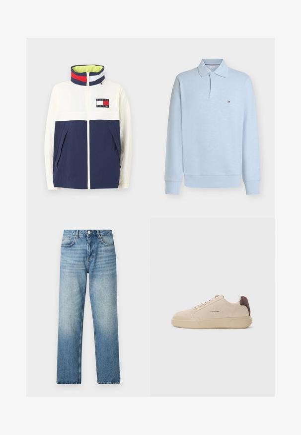 Hvid og navy jakke med lynlås foran, høj krave med røde, hvide og navy striber samt Tommy Hilfiger-logo på brystet.; Lyseblå langærmet polo shirt med ribstrikket krave og ærmeafslutninger, lille rektangulært logo på venstre bryst.; Lyseblå denimjeans med lige pasform, med knaplukning, fem lommer og diskret afdækning nær kanten. Flad tekstur.; Beige ruskind sneakers med rund tå, snørret foran og en brun ruskindsdetalje på hælen. Har en tekstureret gummisål.