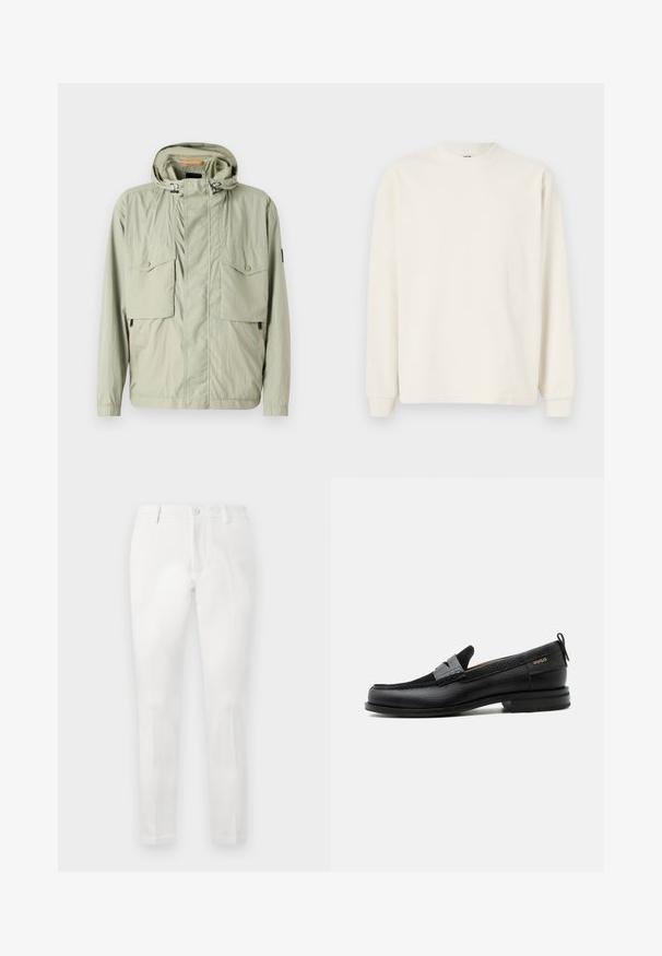 Veste légère vert clair avec capuche, deux poches poitrine et zips latéraux. Présente une texture lisse et des cordons de serrage ajustables.; Haut en tricot à manches longues et à côtes, de couleur blanc cassé, avec un col rond et des poignets ajustés, présentant une silhouette décontractée.; Pantalon blanc à coupe ajustée, avec un devant plat, deux poches latérales et une poche arrière unique. Fabriqué en tissu lisse.; Mocassin en cuir noir avec détail de bride grise, talon bas et semelle texturée, marqué "HUGO" en or sur le côté.