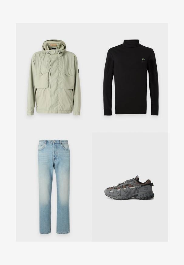 Lys grøn letvægtsjakke med hætte, to brystlommer og sidezipper. Har en glat tekstur og justerbare snore.; Sort langærmet turtleneck lavet af glat bomuldsstof, med et lille grønt krokodillelogo på venstre bryst.; Lyseblå jeans lavet af denim, med et lige ben-design, fem lomme-struktur og falmet vaskeffekt ved lårene.; Grå og brun atletiksko med robust sål, sorte pull tabs og logo på hælen, vist i sideprofil på hvid baggrund.