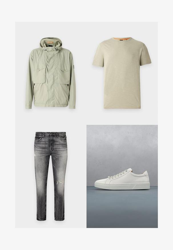 Helle grüne leichte Jacke mit Kapuze, zwei Brusttaschen und seitlichen Reißverschlüssen. Sie hat eine glatte Textur und verstellbare Kordeln.; Hellgrünes, kurzärmliges T-Shirt aus strukturiertem Stoff. Es hat einen runden Halsauschnitt und ein kleines eingeprägtes "BOSS"-Logo auf der Brust.; Ausgewaschene schwarze Jeans mit geradem Schnitt, die abgenutzte Stellen, vordere Taschen und einen klassischen Knopfverschluss aufweisen.; Weißes Leder-Sneaker mit abgerundetem Zehenbereich, minimalistisches Design, graue Schnürsenkel und einer strukturierten grauen Gummisohle. Dezente Nähte sichtbar.