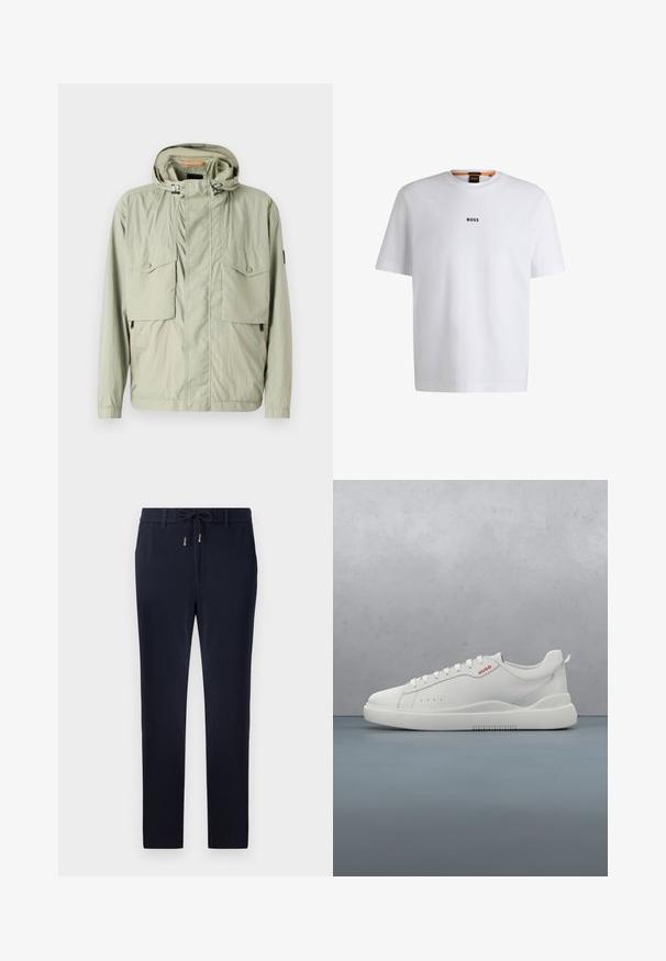 Lichtgroene lichtgewicht jas met een capuchon, twee borstzakken en zijritsen. Beschikt over een zachte textuur en verstelbare trekkoorden.; Witte katoenen T-shirt met korte mouwen, voorzien van een zwart "BOSS"-logo in het midden van de borst en een ronde halsontwerp.; Marineblauwe broek met een verstelbare tailleband, slanke pasvorm en een gladde textuur. Geen zichtbare patronen of accenten.; Witte sneaker met een gladde leren afwerking, ronde neus, vier veterogen, subtiele perforaties en een rood logo detail aan de zijkant.