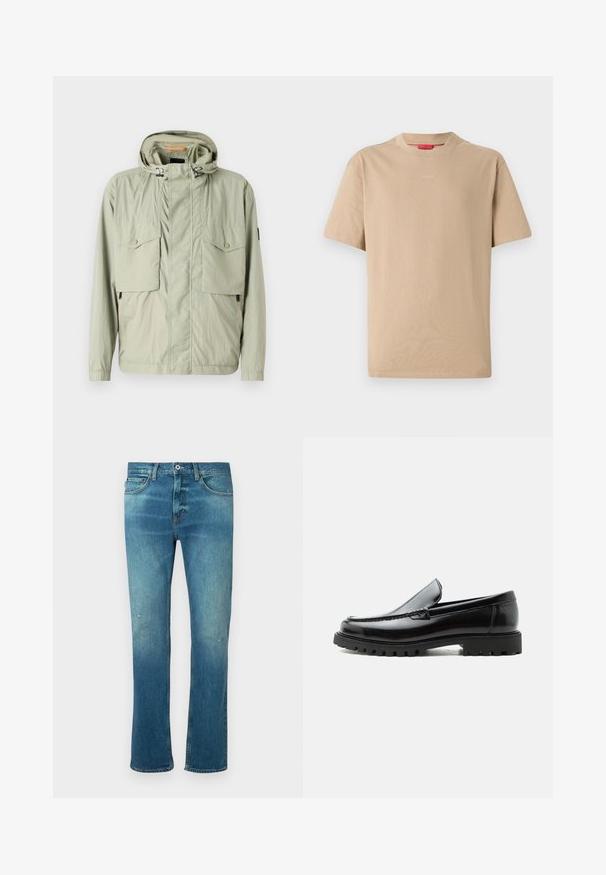 Helle grüne leichte Jacke mit Kapuze, zwei Brusttaschen und seitlichen Reißverschlüssen. Sie hat eine glatte Textur und verstellbare Kordeln.; Beige Baumwoll-T-Shirt mit kurzen Ärmeln, Rundhalsausschnitt und dezentem "HUGO"-Logo in der Mitte. Angenehme Textur, legerer Schnitt.; Blaue Jeans aus Denim mit geradem Schnitt, ausgestattet mit einem leichten Verwaschungseffekt, leichten Abnutzungen an den Knien und klassischem Fünf-Taschen-Design.; Schwarzer Lederloafer mit grober Gummisohle, genähter Oberseite und geprägtem Markennamen an der Ferse, seitlich auf weißem Hintergrund gezeigt.