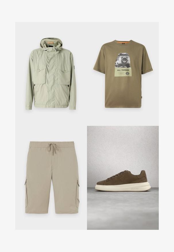 Lichtgroene lichtgewicht jas met een capuchon, twee borstzakken en zijritsen. Beschikt over een zachte textuur en verstelbare trekkoorden.; Groene katoenen T-shirt met korte mouwen, voorzien van een grafische print van een voertuig en de tekst "ALL-TERRAIN" op een vierkante patch.; Beige cargoshorts met een elastische tailleband en een koord. Beschikt over zijzakken en een zachte, lichte stof.; Bruine suède sneaker met een crèmekleurige rubberen zool, platte veters en een logo aan de zijkant. Lichtgewicht ontwerp en gladde textuur.
