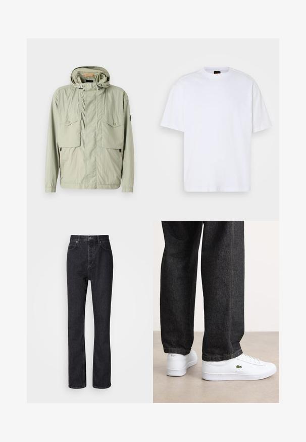 Veste légère vert clair avec capuche, deux poches poitrine et zips latéraux. Présente une texture lisse et des cordons de serrage ajustables.; T-shirt en coton blanc avec un col rond, des manches courtes et une coupe décontractée. Les coutures épaules texturées ajoutent un détail supplémentaire.; Jean en denim noir taille haute avec fermeture à bouton et à glissière, poches avant et arrière, et coupe droite.; Baskets en cuir blanc au design bas et logo vert, assorties à un jean en denim foncé avec des coutures jaunes.