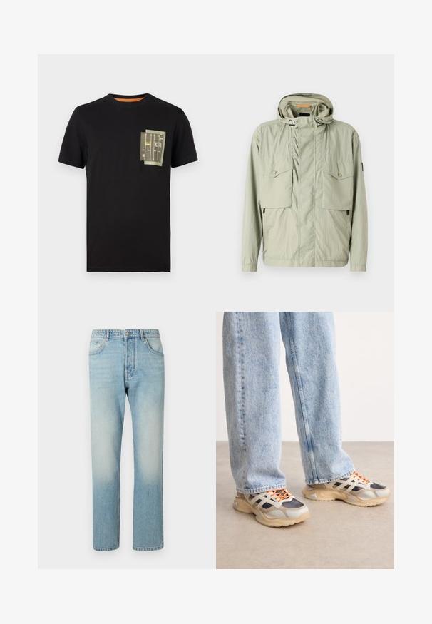 Lichtgroene lichtgewicht jas met een capuchon, twee borstzakken en zijritsen. Beschikt over een zachte textuur en verstelbare trekkoorden.; Zwarte katoenen t-shirt met een ronde hals en korte mouwen. Beschikt over een groen zakontwerp met bedrukte tekst en patronen.; Lichtblauwe jeans van denim, met een rechte pijpdesign, vijf zakken en een vervaagde was-effect op de dijen.; Sportieve sneakers met een mix van grijs, zwart en crème materialen. Kenmerkend door de gestructureerde panelen en oranje veters, met een stevige zool.