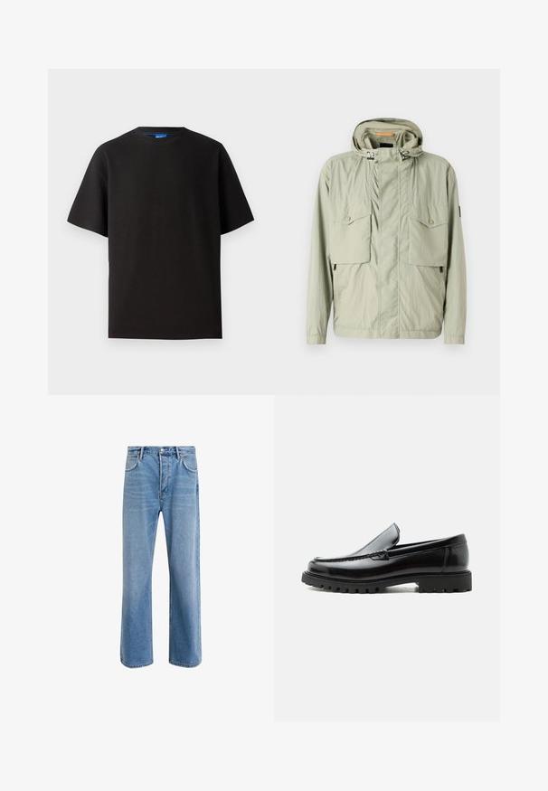 Helle grüne leichte Jacke mit Kapuze, zwei Brusttaschen und seitlichen Reißverschlüssen. Sie hat eine glatte Textur und verstellbare Kordeln.; Schwarzes T-Shirt mit kurzen Ärmeln, Rundhalsausschnitt, aus Rippstoff gefertigt. Hat einen lockeren Schnitt und ein dezentes blaues Markenetikett im Halsbereich.; Helle blaue Jeans im Geradeschnitt-Design, mit fünf Taschen, Knopfverschluss, minimaler Ausbleichung und kontrastierenden Nähdetails.; Schwarzer Lederloafer mit grober Gummisohle, genähter Oberseite und geprägtem Markennamen an der Ferse, seitlich auf weißem Hintergrund gezeigt.
