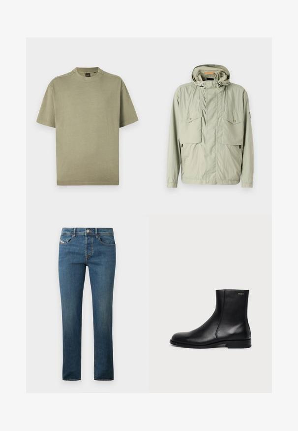 Chaqueta ligera de color verde claro con capucha, dos bolsillos en el pecho y cremalleras laterales. Presenta una textura suave y cordones ajustables.; Camiseta de algodón suave de manga corta en verde oliva con cuello redondo y diseño sencillo, que presenta un logotipo sutil en el escote.; Jeans de mezclilla azul oscuro con un diseño de pierna recta, estilo de cinco bolsillos y un ligero desgaste. Presenta un botón de metal y trabillas para el cinturón.; Botín negro de cuero con tacón bajo, costura lateral y pequeño logo "HUGO" en el puño superior sobre un fondo liso.