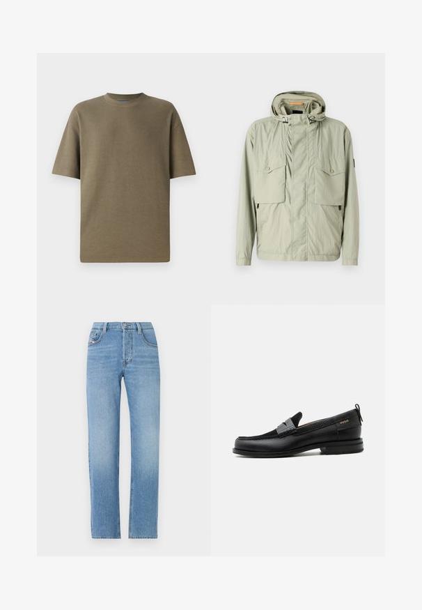 Chaqueta ligera de color verde claro con capucha, dos bolsillos en el pecho y cremalleras laterales. Presenta una textura suave y cordones ajustables.; Camiseta de manga corta de canalé en color caqui con cuello redondo, que presenta un ajuste holgado y una textura suave, adecuada para un uso casual.; Jeans de mezclilla azul claro con diseño de pierna recta, cierre de botón, estilo de cinco bolsillos y sutil textura desgastada. Silueta clásica de jeans.; Mocasín de cuero negro con detalle de tira gris, tacón bajo y suela texturizada, con la marca "HUGO" en oro en el lateral.