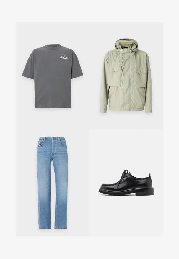 Lys grøn letvægtsjakke med hætte, to brystlommer og sidezipper. Har en glat tekstur og justerbare snore.; Mørkegrå T-shirt med korte ærmer og rund hals med lille hvid "ALLSAINTS"-logo på øverste venstre bryst.; Lys blå denim jeans med lige ben design, knaplukning, fem-lomme stil og subtilt falmet tekstur. Klassisk jean silhuet.; Calvin Klein LACE UP APRON BRUSH OFF - Snøresko - black