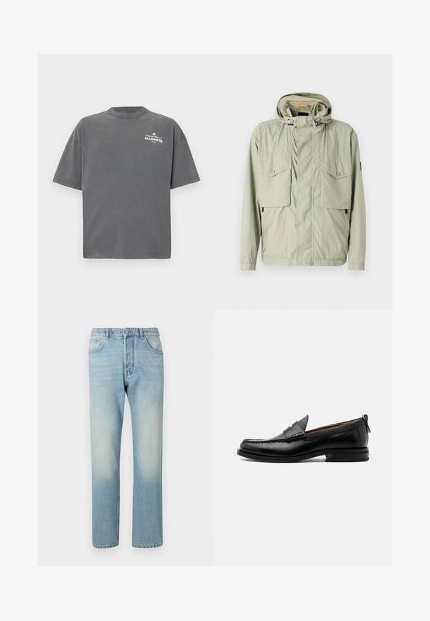 Veste légère vert clair avec capuche, deux poches poitrine et zips latéraux. Présente une texture lisse et des cordons de serrage ajustables.; T-shirt gris foncé à manches courtes et col rond avec petit logo blanc « ALLSAINTS » sur la partie supérieure gauche de la poitrine.; Jeans bleu clair fabriqués en denim, présentant un design à jambe droite, une structure à cinq poches et un effet délavé au niveau des cuisses.; Mocassin homme en cuir noir avec couture moc toe, bride penny, col texturé et petit talon empilé sur fond blanc.