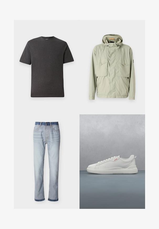 Lichtgroene lichtgewicht jas met een capuchon, twee borstzakken en zijritsen. Beschikt over een zachte textuur en verstelbare trekkoorden.; Grijze t-shirt met korte mouwen, gemaakt van een zachte, lichte stof, met een ronde hals en minimale naden. Geschikt voor casual gebruik.; Lichtblauwe spijkerbroek met een donkerblauwe tailleband, rechte pijp, vijf zakken en zichtbare stiksel details.; Witte sneaker met een gladde leren afwerking, ronde neus, vier veterogen, subtiele perforaties en een rood logo detail aan de zijkant.