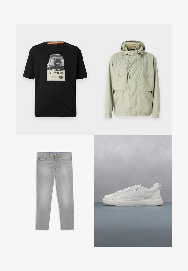 Lys grøn letvægtsjakke med hætte, to brystlommer og sidezipper. Har en glat tekstur og justerbare snore.; Sort bomulds T-shirt med rund hals, der har et grafisk print af et klassisk køretøj og teksten "ALL - TERRAIN" på brystet.; Lysegrå jeans med lige ben, forlommer, bæltestropper og knaplukning, vist fladt på en hvid baggrund.; Hvide sneakers med en glat læderfinish, rund tå, fire snørehuller, subtile perforeringer og en rød logo detalje på siden.