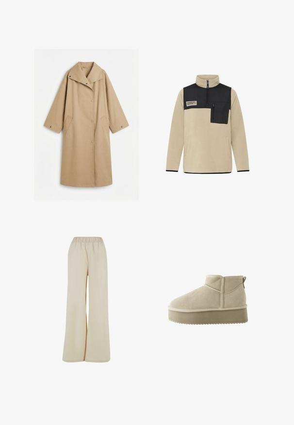 Lang beige trenchcoat med bred krave, frontknapper med trykknap, to sidelommer og justerbare ærmeknapper med trykknap.; Beige fleece pullover med en sort øverste panel, halv-zip krave, lynlås brystlomme og kontrasterende sorte nederste kant og manchetter.; Lys beige bukser med vidde og elastisk talje. Glat, blød stof med løs pasform, uden synlige mønstre eller detaljer.; Beige ruskindsankelstøvle med rund tå og en tyk platformssål. Har en pull tab og syninger langs sømmene.