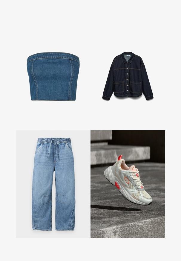Veste en denim bleu foncé à manches longues, fermeture à boutons sur le devant, deux grandes poches avant et surpiqûres contrastées sur fond blanc.; Haut sans bretelles en denim bleu foncé, présentant une coupe structurée, des coutures latérales et des coutures visibles le long des bords pour plus de détails.; Pantalon large en denim bleu clair avec taille élastique, cordon, poches avant et détails cousus aux genoux.; Baskets athlétiques blanches et rose clair avec des accents rouges et des panneaux en mesh, suspendues en l'air au-dessus d'une surface en béton rugueuse.