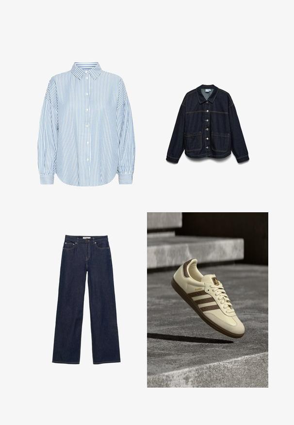 Mørkeblå denimjakke med lange ærmer, frontknaplukning, to store forlommer og kontrastsyning på hvid baggrund.; Lyseblå og hvid stribet skjorte med knapper, krave, løs pasform, bløde ærmer og opfoldede håndled. Fremstillet af et let materiale.; Mørkeblå jeans med lige ben, forlommer, bæltestropper, knaplukning og synlige kontrastsyninger.; Sneaker i cremefarve med brune detaljer, teksturerede sidelommer og en glat læderfinish. Har snøredesign og gummisål.