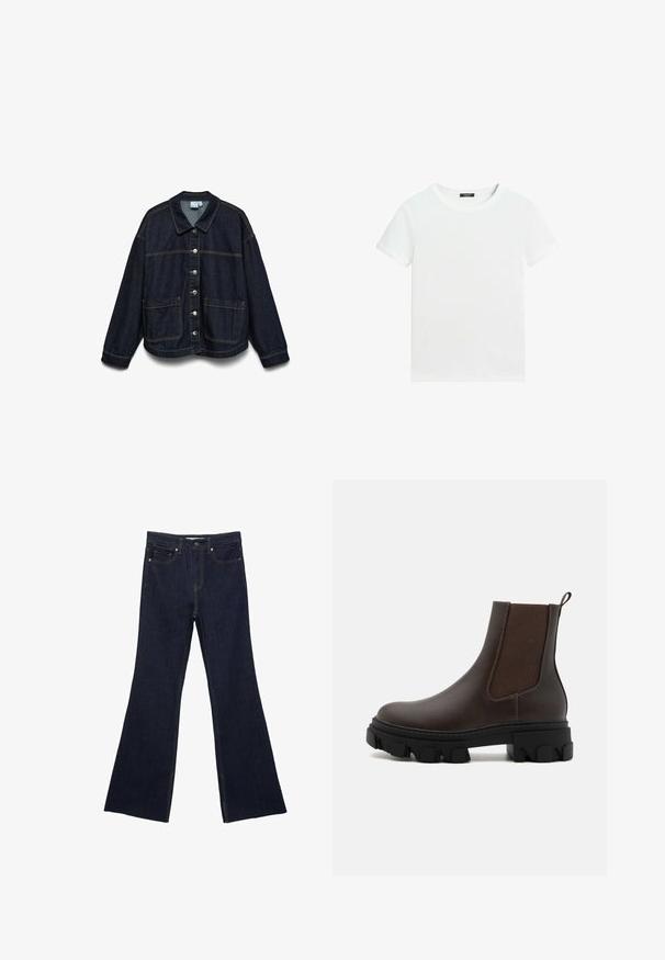 Dunkelblaue Jeansjacke mit langen Ärmeln, Vorderknopfleiste, zwei großen Fronttaschen und Kontrastnähten auf weißem Hintergrund.; Schlichtes weißes T-Shirt mit kurzen Ärmeln, rundem Halsausschnitt und einem kleinen schwarzen Etikett innen am Kragen.; Dunkelblaue Jeans mit ausgestelltem Bein, ausgestattet mit einem klassischen Fünf-Taschen-Design und sichtbaren Nähten. Der Stoff hat eine glatte Textur mit minimalen Verblassungen.; Braune Leder-Chelsea-Boots mit elastischen Seitenpanelen, strukturierten Stoffakzenten, dicker schwarzer Gummisohle und einer Zuglasche hinten.