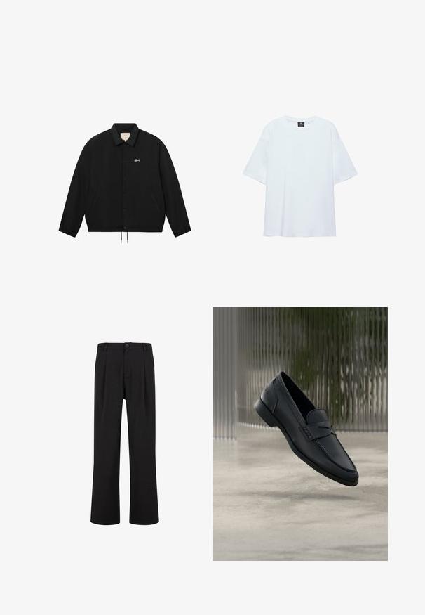 Veste noire boutonnée avec col, poignets élastiques, deux poches avant et petit logo en script blanc sur la poitrine gauche.; T-shirt blanc uni oversize à manches courtes avec col rond et étiquette noire à l'intérieur du col sur fond blanc.; Pantalon noir droit pour homme avec passants de ceinture, fermeture à boutons à l’avant et poches latérales, présenté sur fond blanc.; Mocassin en cuir noir à finition lisse, bout pointu et détails cousus sur le dessus. Talon bas et design minimaliste.