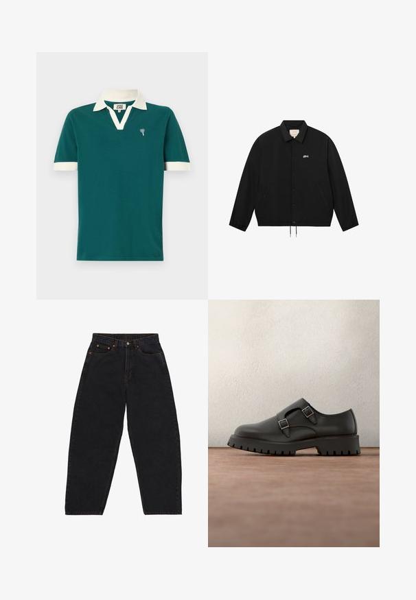 Zwart jack met knopen en kraag, elastische manchetten, twee zakken aan de voorkant en een klein wit scriptlogo op de linkerborst.; Teal poloshirt met een witte kraag en accenten op de mouwen. Heeft een v-halsontwerp en een klein decoratief embleem op de linkerborst.; Zwarte denim jeans met een losse pasvorm, voorzien van oranje stiksels, vijf zakken, een knoopsluiting en een standaard tailleband.; Zwarte leren schoen met dubbele gespsluitingen, ronde neus en een stevige, gestructureerde rubberen zool. Minimalistisch ontwerp met een contrasterende blauwe binnenkant.