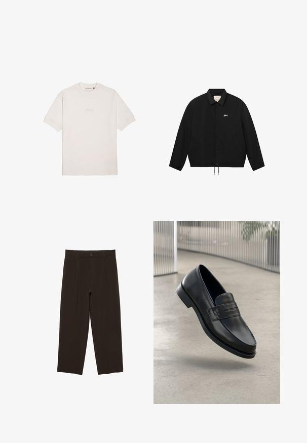 Veste noire boutonnée avec col, poignets élastiques, deux poches avant et petit logo en script blanc sur la poitrine gauche.; T-shirt blanc à manches courtes en coton doux, avec un logo de marque subtilement gaufré sur la poitrine et un col rond classique.; Pantalon ajusté marron foncé avec plis avant, passants de ceinture, fermeture par bouton et jambes droites raccourcies.; Mocassin en cuir noir à texture lisse, bout pointu et bande décorative sur le cou-de-pied. Semelle légère, design minimaliste.