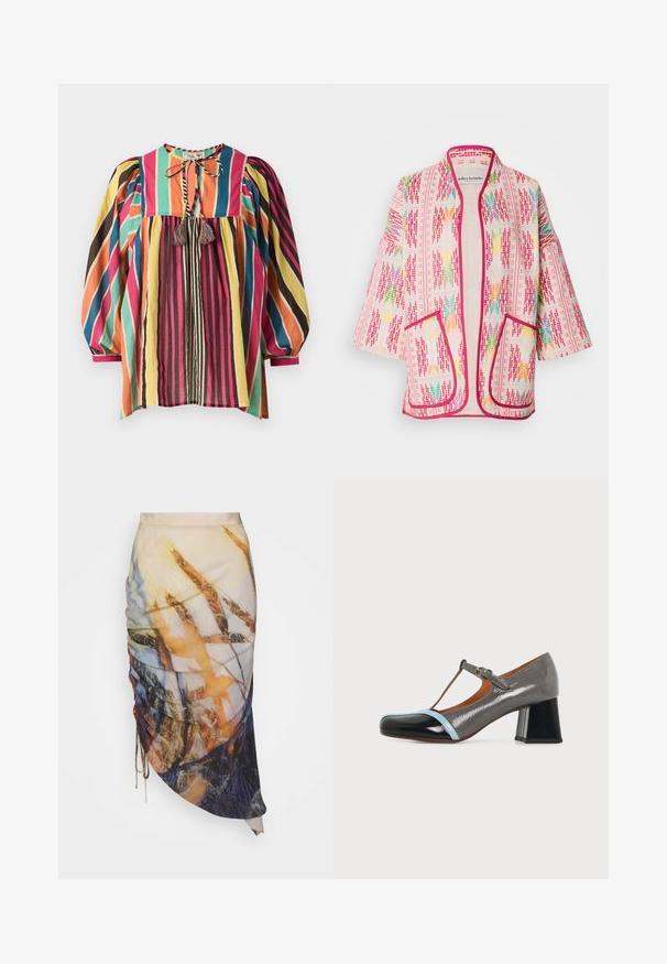 Veste style kimono multicolore à motif floral, en tissu léger, avec une bordure rose et deux poches avant.; Blouse colorée à rayures avec un col rond, des manches bouffantes et des accents à franges. Le tissu est léger et respirant.; Materiel DIAGONAL GATHERED SKIRT - Jupe crayon - golden hour; Chaussure femme grise en cuir verni à bride en T avec bout noir, accent bleu clair et talon bloc sur fond uni.