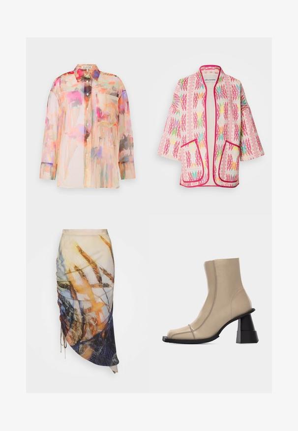 Chaqueta estilo kimono multicolor con un patrón floral, confeccionada en tela ligera, con ribete rosa y dos bolsillos delanteros.; Blusa transparente de mangas largas en colores pastel con un patrón de acuarela floral, que presenta un collar, botones en la parte delantera y un bolsillo en el pecho.; Materiel DIAGONAL GATHERED SKIRT - Falda de tubo - golden hour; Bota beige de cuero hasta el tobillo con punta cuadrada, costuras visibles y tacón grueso negro esculpido en bloque sobre fondo blanco.