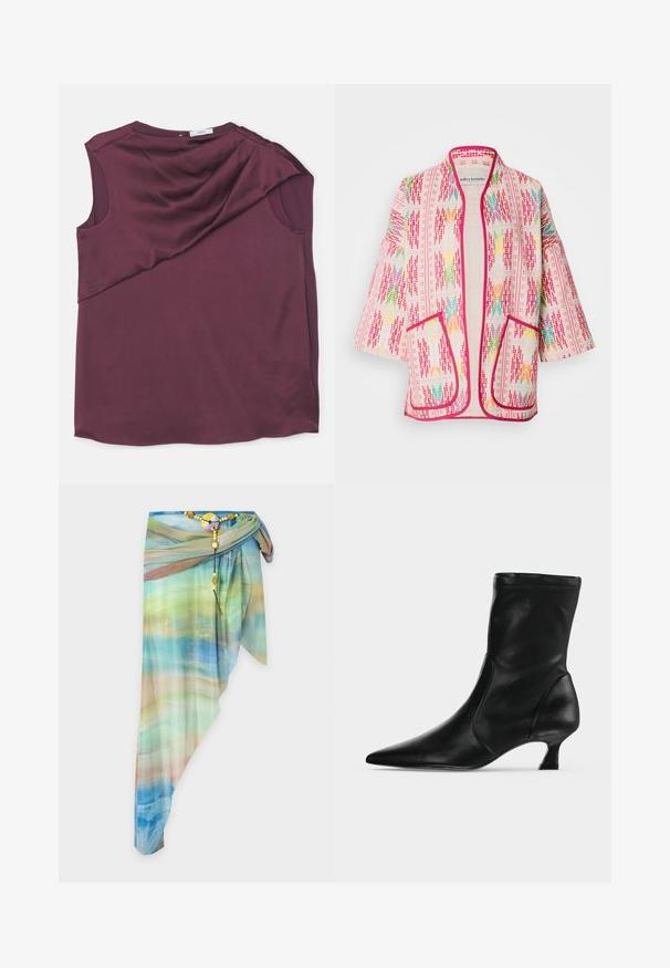 Veste style kimono multicolore à motif floral, en tissu léger, avec une bordure rose et deux poches avant.; Haut sans manches bordeaux en tissu lisse avec un design drapé, doté d'une coupe asymétrique et d'un col rond.; Jupe portefeuille asymétrique en voile avec un motif dégradé bleu, vert et beige, fixée avec une ceinture décorative perlée et une boucle ronde.; Botte mi-mollet en cuir noir avec bout pointu et petit talon kitten, vue de profil sur un fond clair uni.