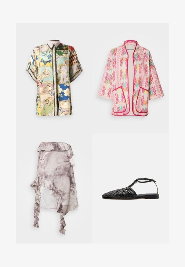 Veste style kimono multicolore à motif floral, en tissu léger, avec une bordure rose et deux poches avant.; Chemise à boutons à manches courtes avec un design en patchwork comprenant plusieurs couleurs, des motifs floraux et géométriques, et un col.; ROKH MIDI SKIRT RUFFLES - Jupe trapèze - purple; Sandale plate en cuir noir avec bout fermé tissé, bride à la cheville et boucle, présentée sur fond blanc.