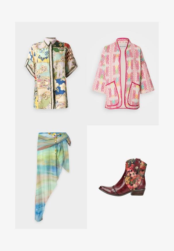 Veste style kimono multicolore à motif floral, en tissu léger, avec une bordure rose et deux poches avant.; Chemise à boutons à manches courtes avec un design en patchwork comprenant plusieurs couleurs, des motifs floraux et géométriques, et un col.; Jupe portefeuille asymétrique en voile avec un motif dégradé bleu, vert et beige, fixée avec une ceinture décorative perlée et une boucle ronde.; Bottine en cuir rouge avec panneaux en tissu fleuri, clous dorés, languette latérale et petit talon en bois.