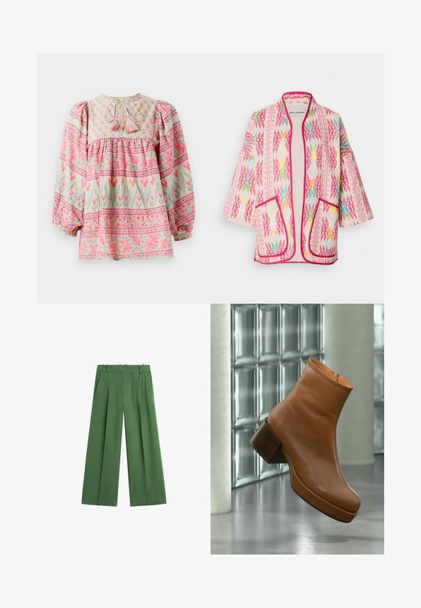 Meerbare kleurige kimono-stijl jas met een bloemenpatroon, gemaakt van lichtgewicht stof, met een roze rand en twee voorzakken.; Bloes met bloemmotief in lichtgroen met roze en witte accenten, met een geraffineerde lijf en pofmouwen, die aan de achterkant is vastgebonden met franjes.; Groene broek met hoge taille en wijde pijpen, met riemlussen en zijzakken, afgebeeld tegen een witte achtergrond.; Bruine leren enkellaars met blokhak, zwevend binnen nabij een glazen blokmuur en cilindervormige zuil op een gepolijste vloer.