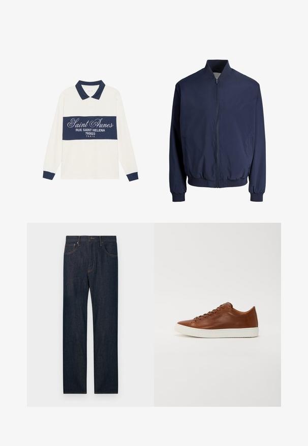 Marineblaue Bomberjacke mit vorderem Reißverschluss, geripptem Kragen, Bündchen und Saum, ausgestattet mit zwei Seitentaschen.; Langärmliges Poloshirt, creme- und navyfarben, aus Baumwollmischung. Verfügt über ein navyfarbenes Band mit weißem Text und einen klassischen Kragen mit navyfarbener Einfassung.; Dunkelblaue Jeans mit geradem Bein, vorne und hinten Taschen, Knopf und Gürtelschlaufen.; Braunes Leder-Sneaker mit runder Zehe, weißer Gummisohle und klaren Linien. Verfügt über eine Schnürung und dezente Markierung an der Seite.