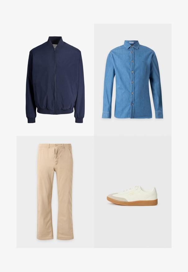 Blouson aviateur bleu marine avec fermeture éclair frontale, col, poignets et ourlet côtelés, doté de deux poches latérales.; Chemise en denim bleu à manches longues avec col et boutons marron à l'avant, présentée sur un fond gris clair uni.; Pantalon beige à jambes droites avec fermeture bouton et fermeture éclair, poches avant et passants pour ceinture sur fond clair.; Baskets en cuir blanc avec une coque beige et une semelle en caoutchouc marron clair. Dotées de lacets blancs plats et d'un logo embossé sur le côté.