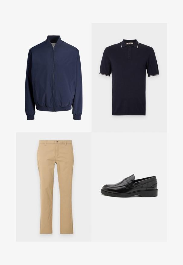 Blouson aviateur bleu marine avec fermeture éclair frontale, col, poignets et ourlet côtelés, doté de deux poches latérales.; Polo bleu marine en coton avec un col classique, une patte de boutonnage à trois boutons, et un bord contrastant blanc sur les manches.; Pantalon beige à jambes droites avec passants de ceinture, bouton frontal et fermeture éclair, présenté sur un fond clair uni.; Mocassins en cuir noir avec une finition lisse, un bout rond, un petit talon et descoutures décoratives à l'avant. Semelle en caoutchouc pour l'adhérence.