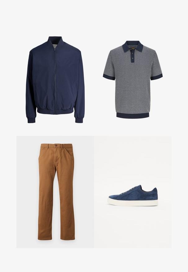 Blouson aviateur bleu marine avec fermeture éclair frontale, col, poignets et ourlet côtelés, doté de deux poches latérales.; Polo homme à manches courtes en maille bleu marine et blanche avec motif ondulé, patte de boutonnage à trois boutons, col, manches et ourlet côtelés.; Pantalons en coton marron à coupe droite, avec une fermeture à bouton, des poches latérales et une texture lisse. Convient pour une tenue décontractée.; Baskets en suède bleu marine avec un bout arrondi, cinq œillets, semelle en caoutchouc blanche et design minimaliste. Texture lisse, sans motifs visibles.