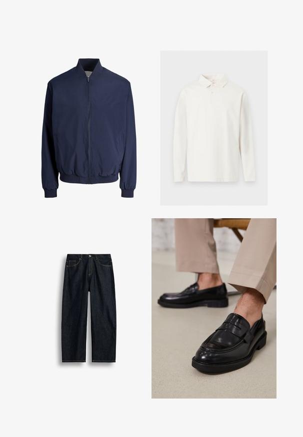 Blouson aviateur bleu marine avec fermeture éclair frontale, col, poignets et ourlet côtelés, doté de deux poches latérales.; Polo blanc à manches longues avec col et deux boutons, présenté à plat sur un fond clair.; Jean en denim bleu foncé à coupe droite avec couture jaune, poches avant et fermeture par bouton à la taille.; Mocassins en cuir noir avec une finition lisse, ornés d'une sangle décorative et de coutures contrastées, associés à un pantalon beige.