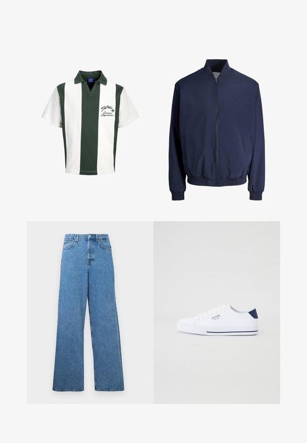 Blouson aviateur bleu marine avec fermeture éclair frontale, col, poignets et ourlet côtelés, doté de deux poches latérales.; Polo rugby à manches courtes avec larges rayures verticales vertes et blanches et texte en écriture noire sur le côté gauche de la poitrine.; Jean en denim bleu, taille haute, jambes larges, avec bouton frontal, fermeture éclair, passants pour ceinture, et poches à l'avant et à l'arrière.; Baskets en toile blanches avec un accent de talon marine, semelle en caoutchouc plate, bout rond et lacets blancs. Présente un logo sur le côté.