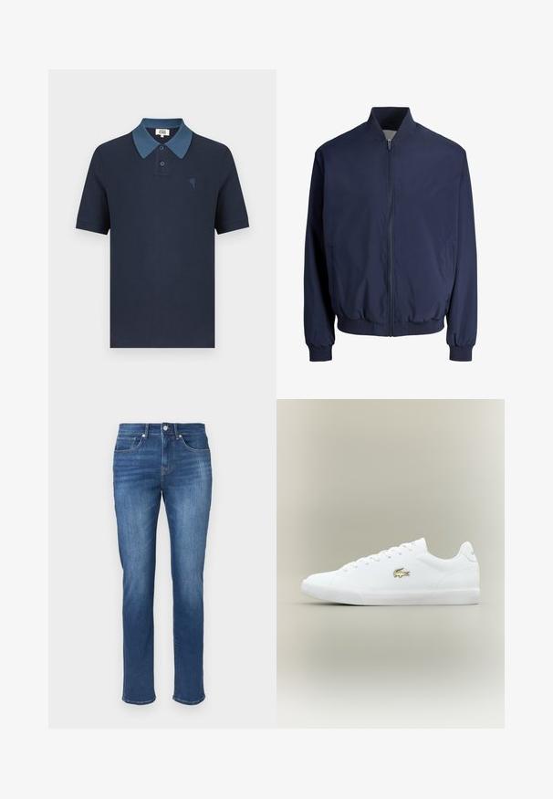 Marineblaue Bomberjacke mit vorderem Reißverschluss, geripptem Kragen, Bündchen und Saum, ausgestattet mit zwei Seitentaschen.; Marineblaues Poloshirt mit kontrastierendem blauem Kragen, kurzen Ärmeln, strukturiertem Stoff und einem kleinen, auf der Brust gestickten Herzdesign.; Denim-Jeans in mittlerer blauer Waschung, gerades Bein, mit fünf Taschen, vorderer Knopfverschluß und minimalem Whiskering-Detail.; Weiße Ledersneaker mit goldenem Logo, flachen Schnürsenkeln, strukturiertem weißen Sohlen, runder Zehenform und minimalistisches Design.