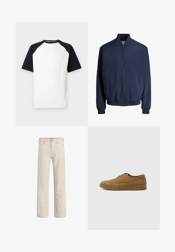 Blouson aviateur bleu marine avec fermeture éclair frontale, col, poignets et ourlet côtelés, doté de deux poches latérales.; T-shirt raglan à manches courtes avec corps blanc et manches et col noirs, présenté sur fond blanc.; Jean droit écru avec poches avant, passants de ceinture, bouton et fermeture éclair.; Chaussure décontractée à lacets en daim marron avec semelle en caoutchouc plate, vue de côté sur un fond clair uni.