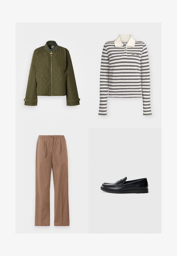 Veste matelassée vert olive avec col côtelé, fermeture éclair frontale avec tirette ronde, poches latérales et poignets à boutons-pression.; Polo blanc à manches longues avec des rayures horizontales noires et deux boutons au col.; Pantalons marron à jambes larges avec une taille élastique et une fermeture à bouton. Texture lisse avec un léger éclat et sans motifs visibles.; Mocassins en cuir noir avec un design d'accent cousu, bout rond, semelle plate en caoutchouc et finition lisse. Silhouette classique et polyvalente.