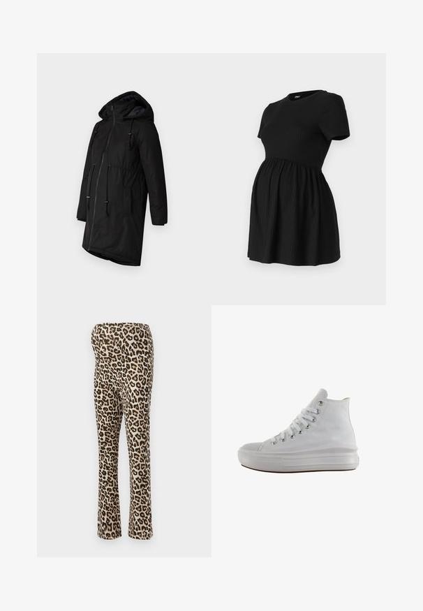 Schwarzer isolierter Parka mit Kapuze, Frontreißverschluss, verstellbarem Taillenzug und Seitentaschen. Glatte Textur mit matter Oberfläche.; ONLY MATERNITY Peplum OLMMALAYA Peplum - T-Shirt basic - black; Leopardenmuster-Leggings mit einem tanfarbenen Grund und schwarzen Punkten, aus einem dehnbaren Material gefertigt. Figurbetonter Schnitt mit ausgestelltem Bein.; Weißer High-Top-Canvas-Sneaker mit weißen Schnürsenkeln, metallischen Ösen, dicker Gummisohle und strukturierter Zehenkappe, nach links auf weißem Hintergrund ausgerichtet.
