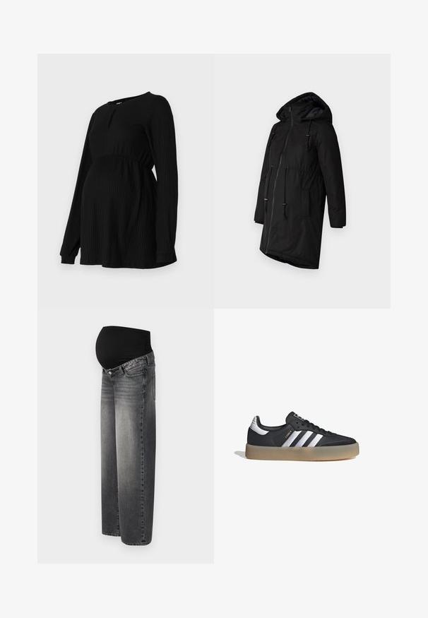 Parka negra aislante con capucha, cierre frontal de cremallera, cintura con cordón y bolsillos laterales. Textura suave con acabado mate.; Top de maternidad negro con mangas largas, textura acanalada, cintura elástica y cuello redondo con un pequeño detalle en forma de llave en la parte frontal.; Jeans de maternidad en denim negro desgastado, con una cinturilla negra elástica para mayor soporte. Diseño de pierna ancha con bolsillos frontales estándar.; Zapatilla deportiva de cuero negro con tres rayas plateadas, punta texturizada y suela de goma. Cuenta con un collar acolchado y un diseño con cordones.
