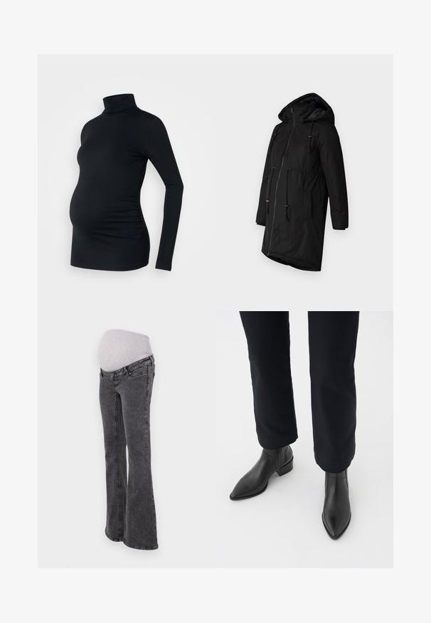 Parka noire isolée avec capuche, fermeture éclair à l'avant, taille à cordon et poches latérales. Texture lisse avec finition mate.; Haut à manches longues noir à col roulé en tissu extensible, conçu pour accueillir un ventre de femme enceinte, avec des détails de fronces sur les côtés.; Jean de maternité avec une taille élastique grise ajustée, des jambes évasées et une finition en denim gris foncé, présentant des coutures standard et des poches.; Bottines en cuir noir à bout pointu, avec un talon épais et des panneaux latéraux texturés, portées avec un pantalon sombre sur fond blanc.