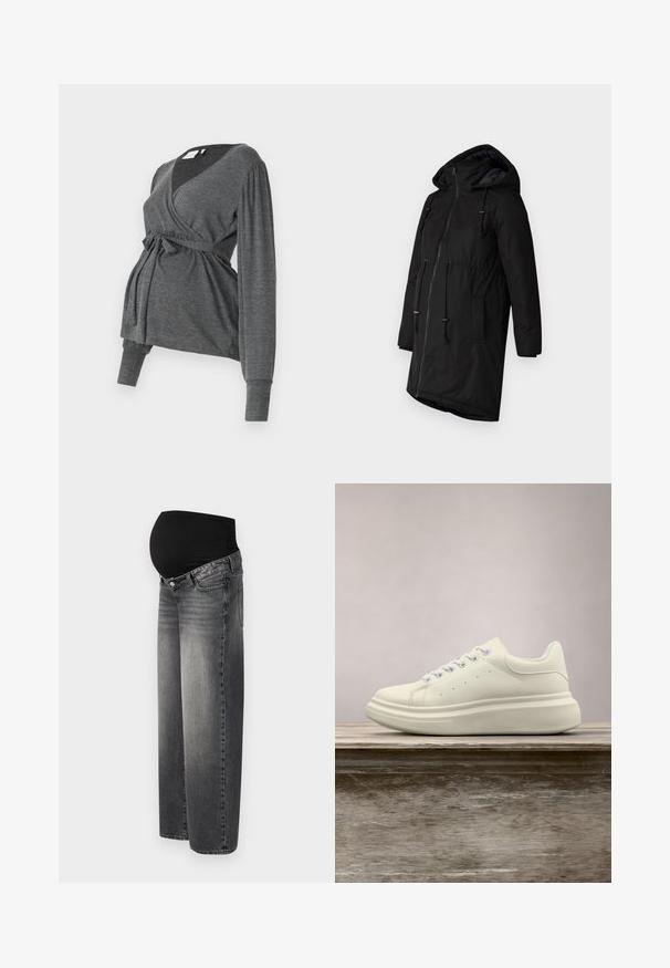 Sort isoleret parka med hætte, frontlys lukning, snøreliv og sidelommer. Glat tekstur med mat finish.; Grå, langærmet indpakningsbluse lavet af blødt materiale, med v-hals og bindebånd i taljen. Ærmerne har en let puffdetalje.; Graviditetsjeans i falmet sort denim med en strækbar sort talje for støtte. Vidde ben design med standard forlommer.; Hvid lædersneakers med rund tå, glat tekstur og kontrasterende snørebånd. Har ventilationshuller og en tyk gummisål for komfort.
