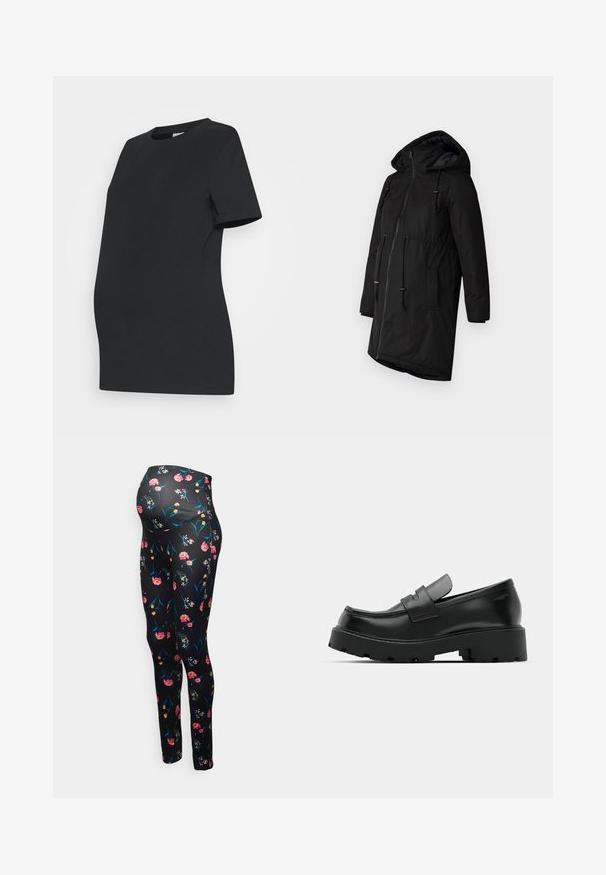 Parka negra aislante con capucha, cierre frontal de cremallera, cintura con cordón y bolsillos laterales. Textura suave con acabado mate.; Camiseta de maternidad negra hecha de algodón suave. Mangas cortas, cuello redondo y un diseño ajustado para acomodar una barriga en crecimiento.; Pieces Maternity PMHIMA - Leggings - black; Mocasines de cuero negro con suela gruesa y texturizada, que presentan una correa sobre el empeine y un acabado suave y pulido.