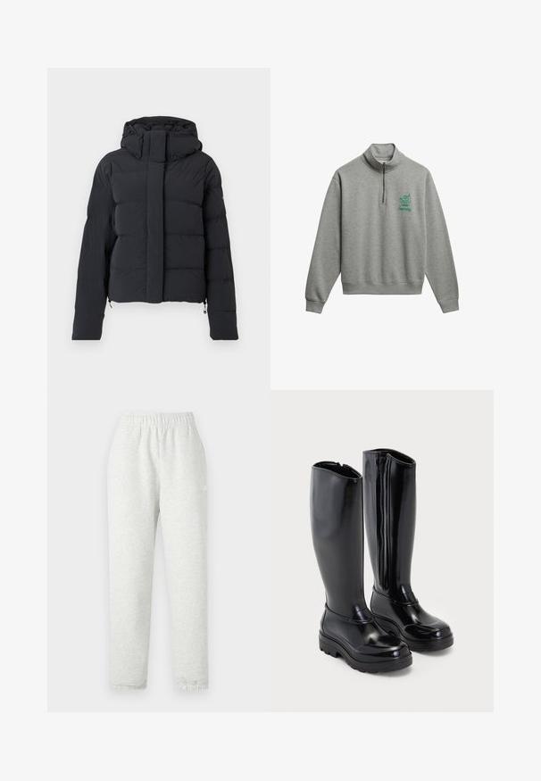 Zwarte gequilte winterjas met een capuchon, lange mouwen en een voorrits die bedekt is met een klep met drukknoopjes.; Grijze sweatshirt met ritssluiting, gemaakt van een katoenmix, met lange mouwen en een geribbelde zoom. Groen geborduurd logo op de borst.; Lichtgrijze sweatpants met een elastische tailleband, taps toelopende pijpen en ribgebreide manchetten. Gemaakt van een zachte, gestructureerde stof. Witte logodetail aan de zijkant.; Knielange zwarte rubberen laarzen met een glanzende afwerking, voorzien van een zijrits en een gestructureerde zool voor grip. Ronde teenvorm.