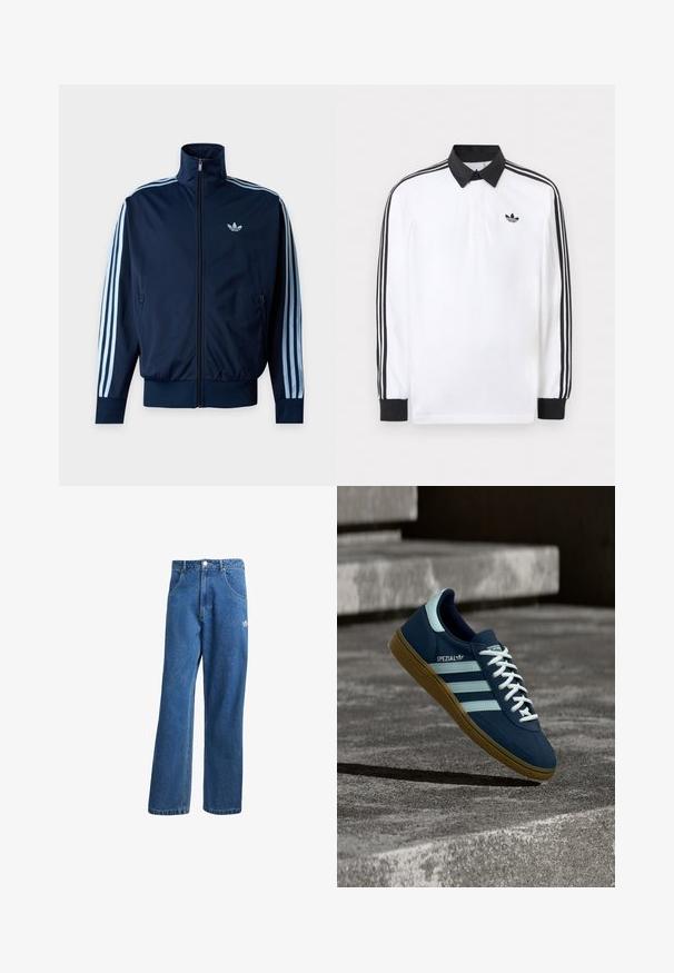 Marineblaue Trainingsjacke mit hellblauen drei Streifen an den Ärmeln, durchgehendem Reißverschluss, Stehkragen und Adidas-Logo auf der Brust.; Weißes Polo mit langen Ärmeln, schwarzem Kragen, schwarzen Bündchen, schwarzem Drei-Streifen-Design an den Ärmeln und schwarzem Adidas-Logo auf der Brust.; Blaue hohe, weite Jeans mit Fronttaschen, Gürtelschlaufen, Knopfverschluss und kleinem Adidas-Logo am rechten Oberschenkel.; Blauer Adidas Spezial Sneaker mit weißen Streifen und Schnürsenkeln, Gummisohle, schwebend über rauer Betonoberfläche und Treppen im Hintergrund.