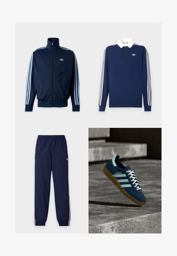 Μπλε ναυτικό track jacket με τρεις ανοιχτό μπλε ρίγες στα μανίκια, φερμουάρ μπροστά, όρθιο γιακά και το λογότυπο της Adidas στο στήθος.; Μακρυμάνικη πόλο μπλούζα σε σκούρο μπλε χρώμα, βαμβακερό ύφασμα, λευκό γιακά, με τρεις κλασικές λευκές ριγέ κατά μήκος των μανικιών και ένα μικρό λογότυπο στο στήθος.; Σκούρο μπλε παντελόνι φόρμας από ελαφρύ ύφασμα, με λευκές ρίγες στο πλάι, ελαστική μέση και μικρό λογότυπο.; Μπλε sneaker Adidas Spezial με λευκές ρίγες και κορδόνια, λαστιχένια σόλα, αιωρείται πάνω από τραχιά επιφάνεια σκυροδέματος και σκαλοπάτια στο φόντο.