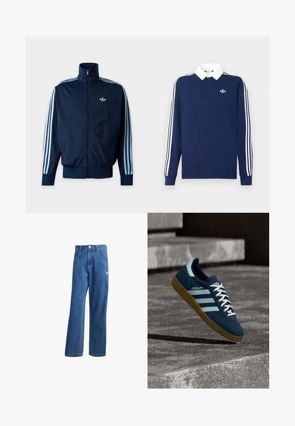 Marineblå trackjakke med lyseblå tre striber på ærmerne, frontlynlås, opretstående krave og Adidas-logo på brystet.; Marineblå langærmet polo i bomuldsstof, hvid krave, med klassiske tre hvide striber langs ærmerne og et lille logo på brystet.; Blå højtaljede viddebukser i denim med forlommer, bælteløkker, knaplukning og lille Adidas-logo på højre lår.; Blå Adidas Spezial sneaker med hvide striber og snørebånd, gummisål, svævende over en ru betongoverflade og trin i baggrunden.